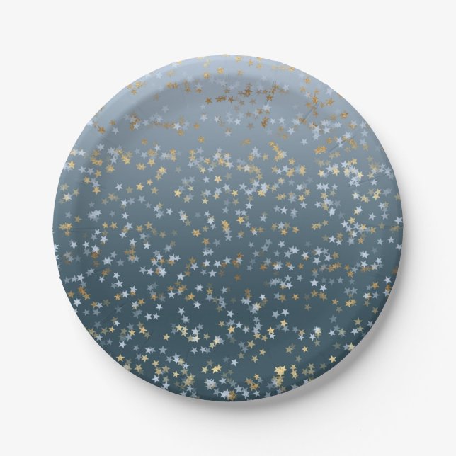 Assiettes En Carton Or Blanc Bleu Étoiles brillantes (Devant)