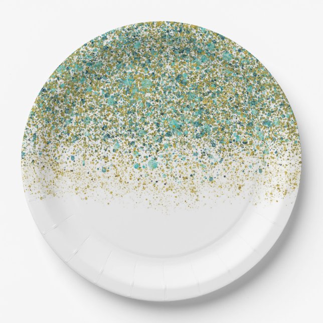 Assiettes En Carton Or blanc et Parties scintillant bleue Turquoise Gl (Devant)