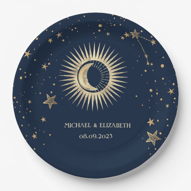 Assiettes En Carton Or Céleste Soleil Et Lune Étoiles (Devant)
