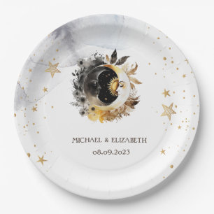 Assiettes En Carton Or céleste Soleil, Lune, Étoiles Fleurs