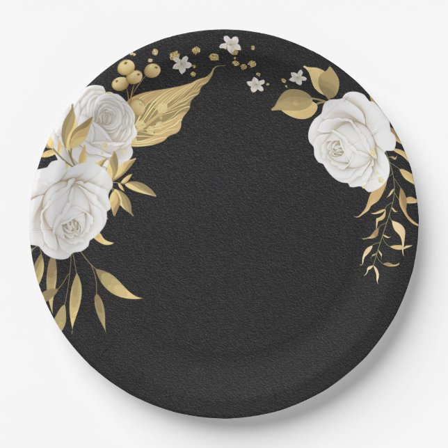 Assiettes En Carton or de fleur blanche feuilles noir (Devant)