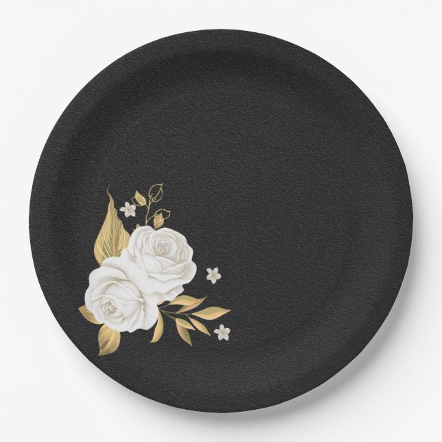 Assiettes En Carton or de fleur blanche feuilles noir (Devant)