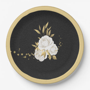 Assiettes En Carton or de fleur blanche feuilles noir
