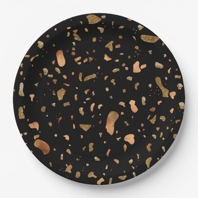 Assiettes En Carton Or en cuivre sur pierre noire du Terrazzo (Devant)