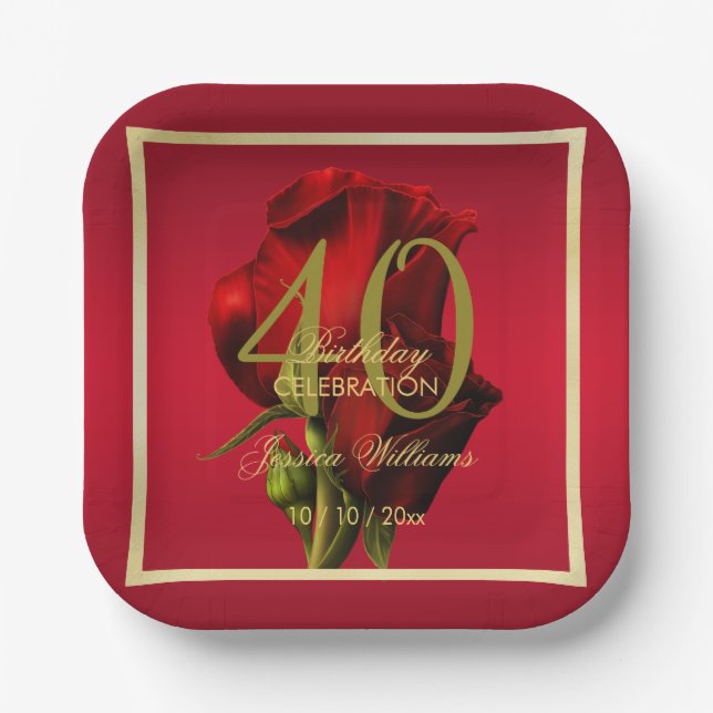 Assiettes En Carton Or encadré romantique Rose rouge Anniversaire (Recto)