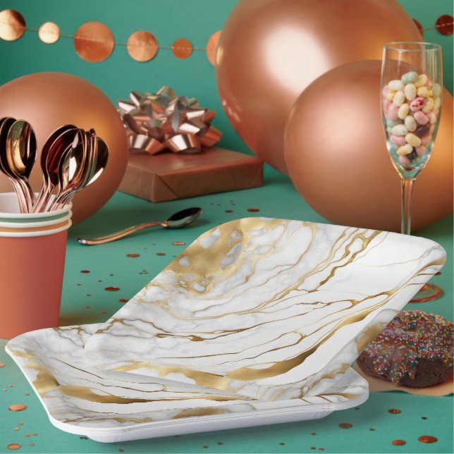 Assiettes En Carton Or et Marbre blanc Abstrait (Multi)