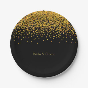 Assiettes En Carton Or et points fascinants de confettis de noir