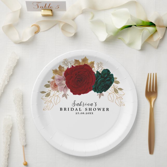 Assiettes En Carton Or Floral Automnal Bourgogne Émeraude  (Mariage)