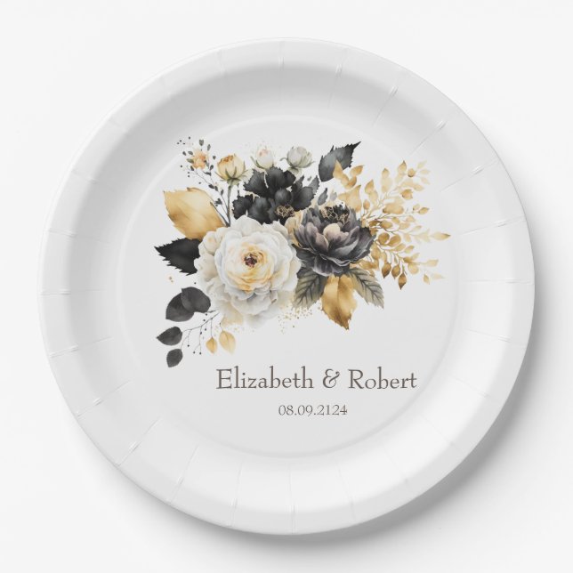 Assiettes En Carton Or Noir Fleurs Blanches (Devant)