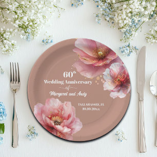 Assiettes En Carton Or rose floral tendre 60e anniversaire de mariage