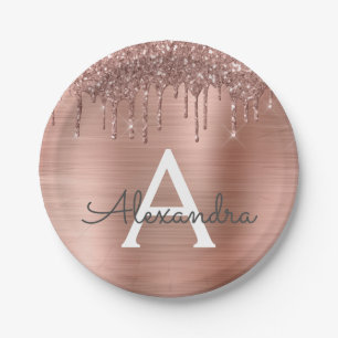 Assiettes En Carton Or Rose Gold - Monogramme Nom Paillettes Rose Blus