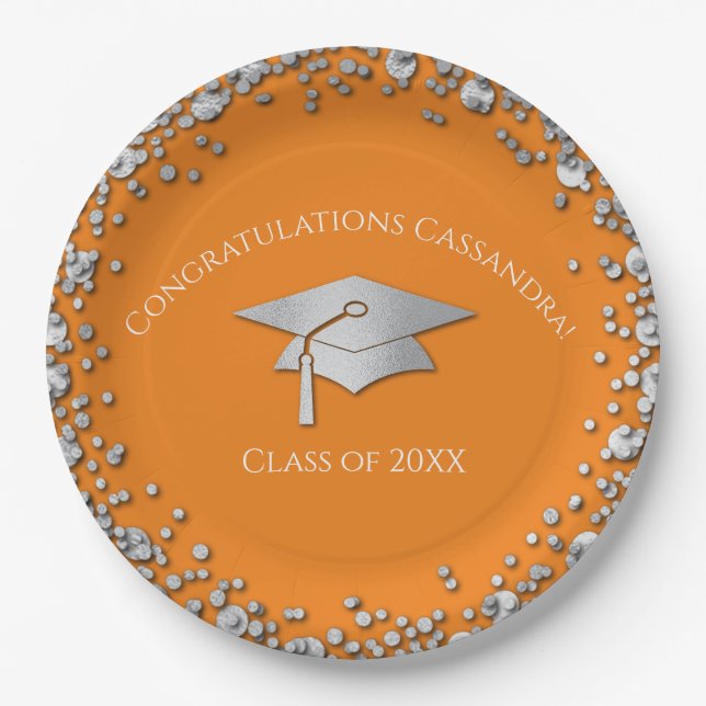Assiettes En Carton Orange and Silver Graduation (Devant)