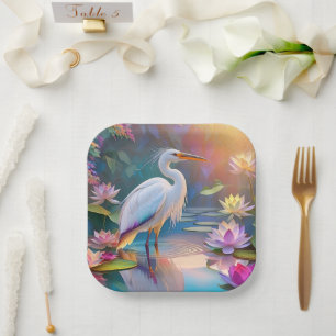 Assiettes En Carton Orange Billed White Heron Imaginaire Bird