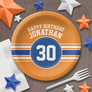 Assiettes En Carton Orange et Bleu Anniversaire Sports Thème