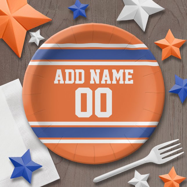 Assiettes En Carton Orange et Blue Anniversaire Sports Jersey (Personalized party plates - sports theme for birthday or any occasion)
