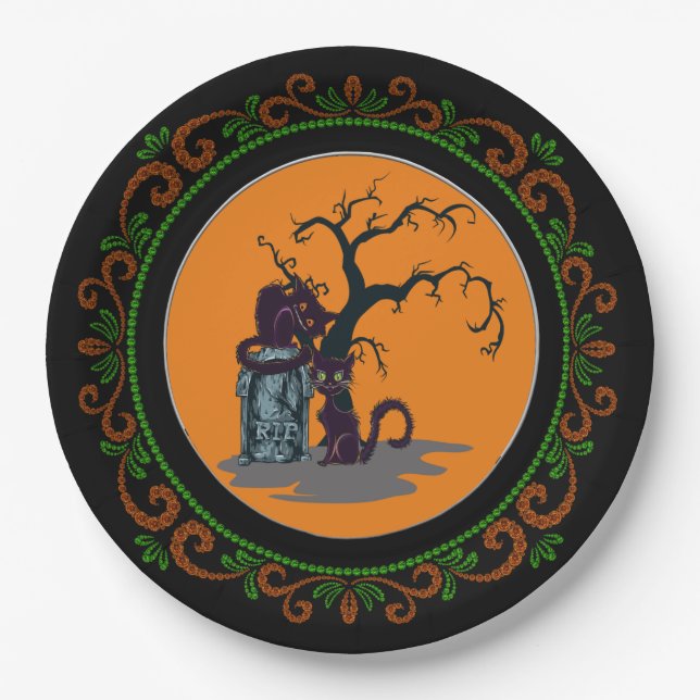 Assiettes En Carton Orange Green Chats Noirs Tombstone Tree Halloween (Devant)