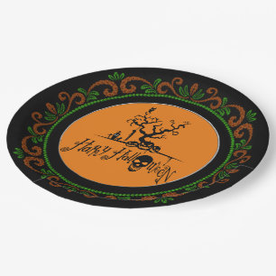 Assiettes En Carton Orange Green Happy Halloween Grave Yard