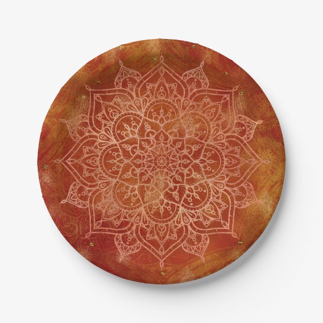 Assiettes En Carton Orange Mandala & Gold Glam Modern Chic (Devant)