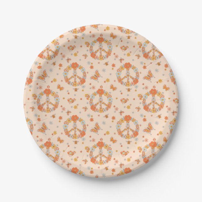 Assiettes En Carton Orange Peace Floral (Devant)