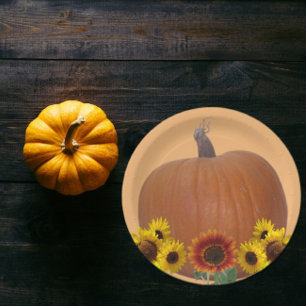 Assiettes En Carton Orange Pumpkin and Sunflowers Thanksgiving  