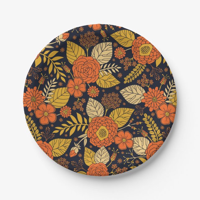Assiettes En Carton Orange rétro, Jaune & Marine Floral  (Devant)