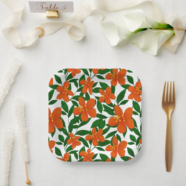 Assiettes En Carton Orange Rouge Floral Vert Botanique Motif (Mariage)