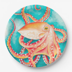 Assiettes En Carton Orange rouge Tentacles Octopus Aquarelle