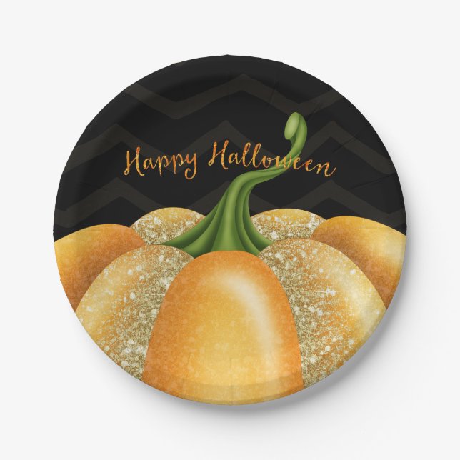 Assiettes En Carton Orange Sparkle Citrouille Halloween fête d'anniver (Devant)