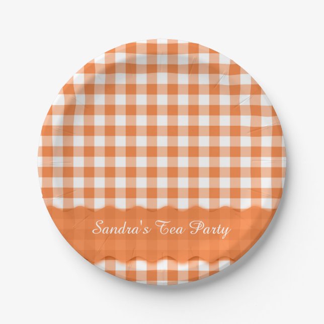 Assiettes En Carton Orange White En vichy Motif Personnalisé (Devant)