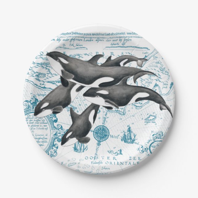 Assiettes En Carton Orca baleines bleu antique (Devant)