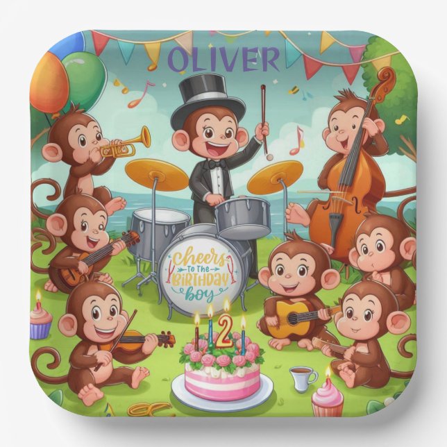 Assiettes En Carton Orchestre de singe mignon 2 ans garçon d'anniversa (Recto)