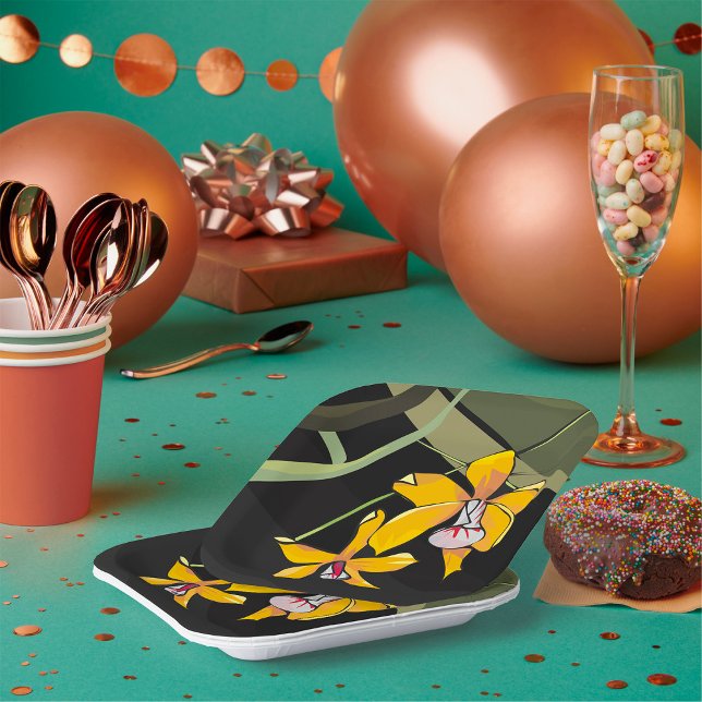 Assiettes En Carton Orchidée jaune Fleur tropicale Botanique (Créateur téléchargé)