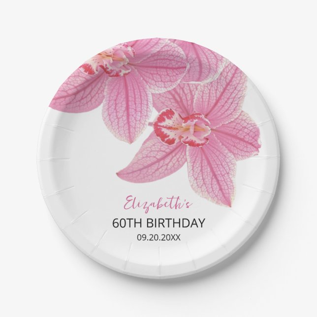 Assiettes En Carton Orchidée rose douce verdure fleurie Anniversaire (Devant)