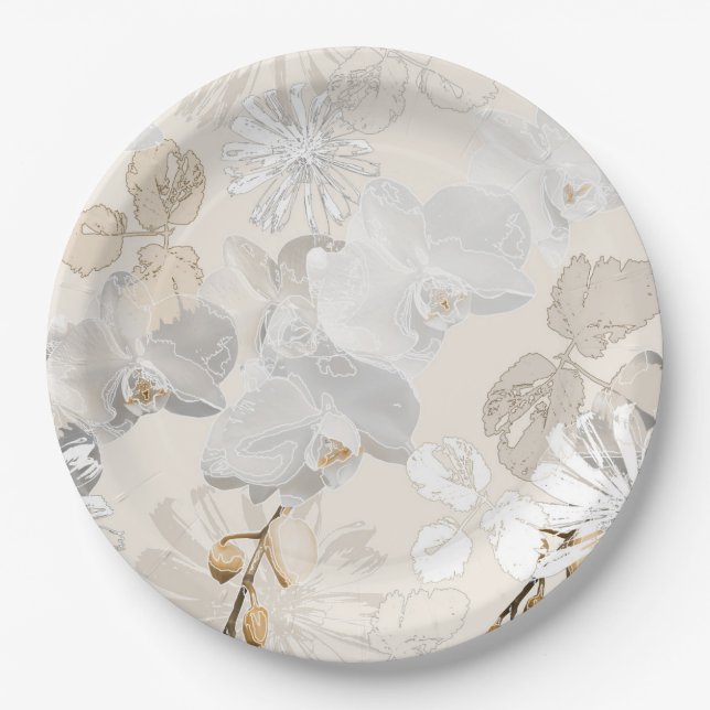 Assiettes En Carton Orchidées blanches sur une crème légère (Devant)