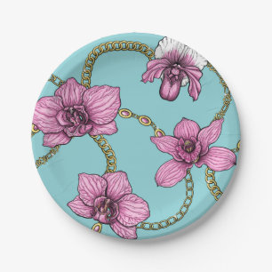 Assiettes En Carton Orchidées et chaînes, roses et bleues