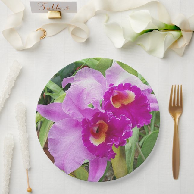 Assiettes En Carton Orchidées pourpres de Cattleya (Mariage)