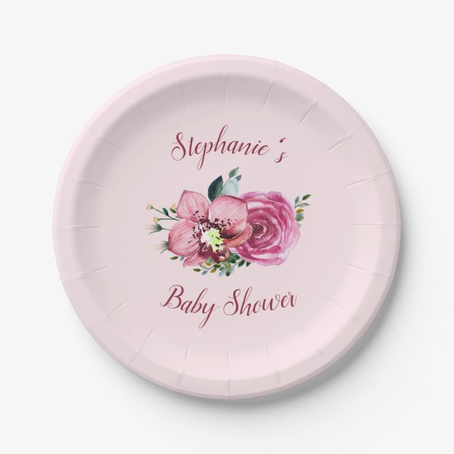 Assiettes En Carton Orchidées roses et Baby shower Rose (Devant)