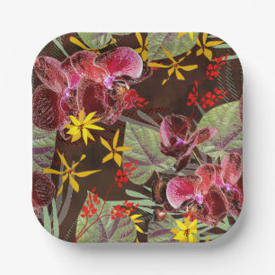 Assiettes En Carton Orchidées rouges.