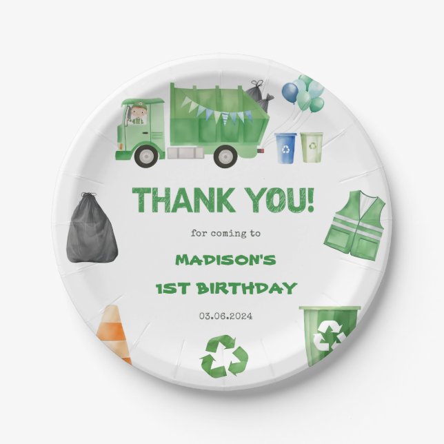 Assiettes En Carton Ordures Camion 1ère fête d'anniversaire (Devant)