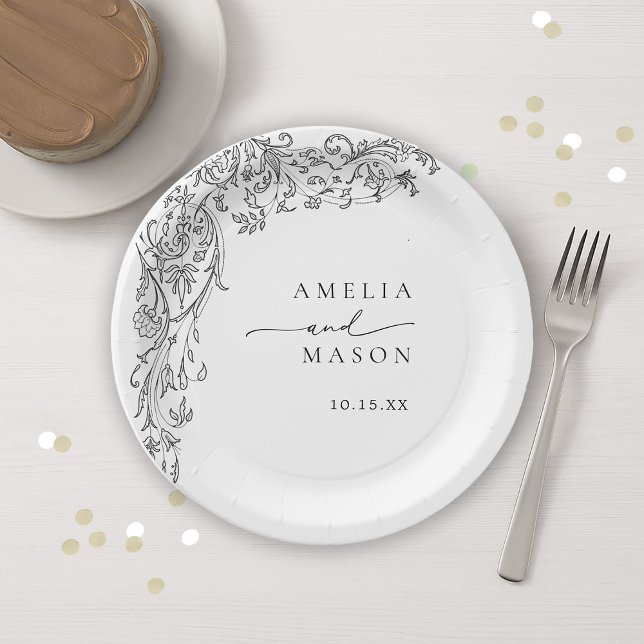 Assiettes En Carton Ornate Elegant Black and White Paper Wedding (Ornate Elegant Black and White Paper Wedding Paper Plates)