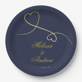 Assiettes En Carton Ornement Gold Hearts | Mariage bleu marine