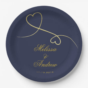 Assiettes En Carton Ornement Gold Hearts Mariage bleu marine