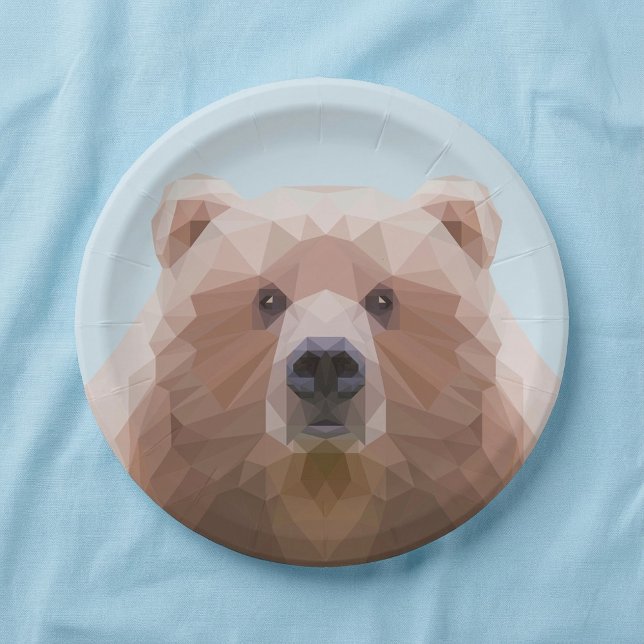 Assiettes En Carton Ours bleu marron géométrique mignon (Cute geometric brown bear blue paper plates.)