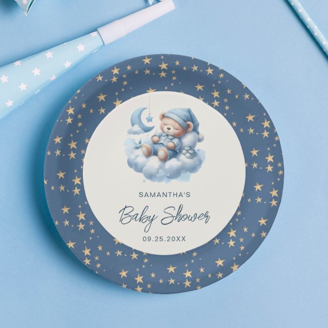 Assiettes En Carton Ours couché nuage & étoiles bleu garçon baby showe (Créateur téléchargé)