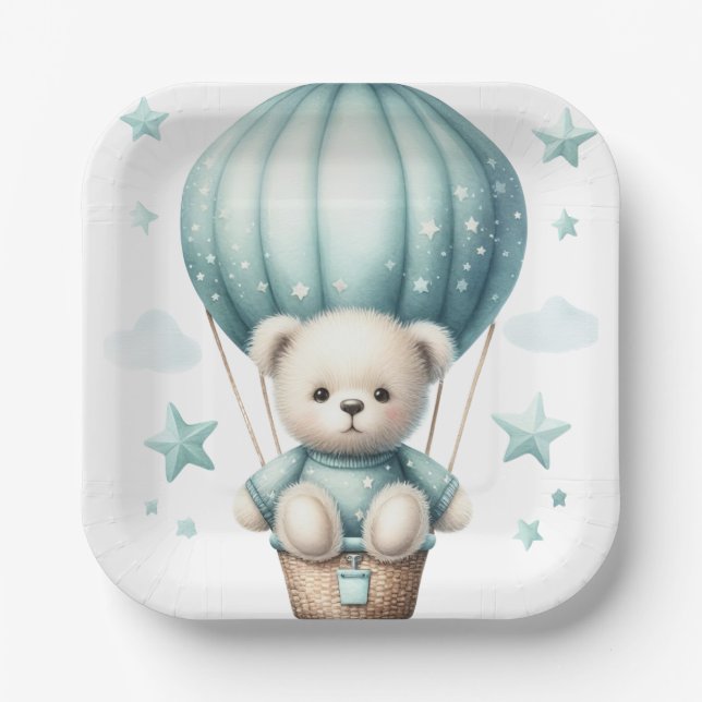 ASSIETTES EN CARTON OURS DE TEDDDY AVEC BALLON VERT PASTEL (Recto)