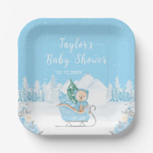Assiettes En Carton Ours d'hiver bleu traîneau Baby Shower
