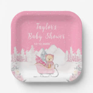 Assiettes En Carton Ours d'hiver Rose Traîneau Baby Shower