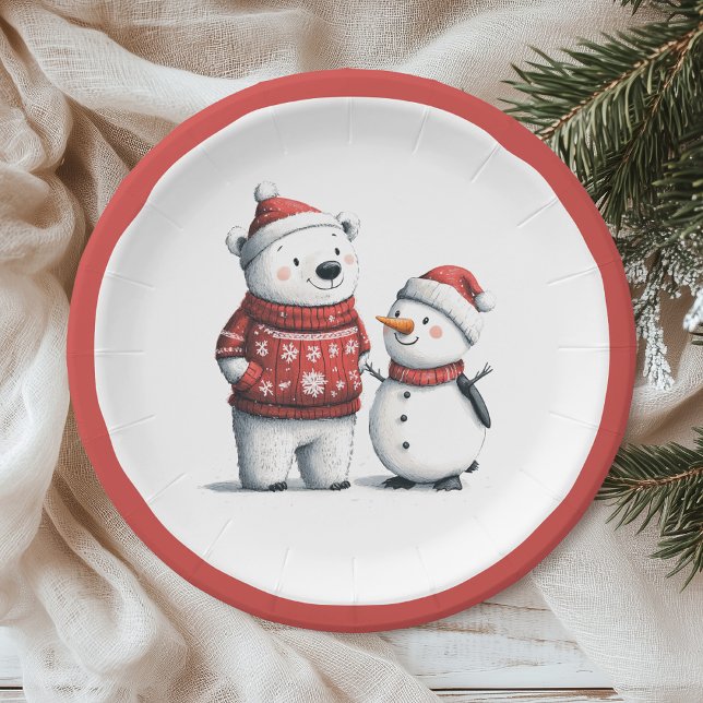 Assiettes En Carton Ours d'hiver rouge et neige | Winter Wonderland (Créateur téléchargé)