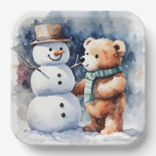 Assiettes En Carton Ours En Conduite D'Hiver Et Snowman