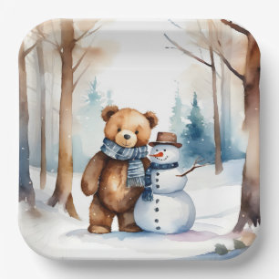 Assiettes En Carton Ours En Conduite D'Hiver Et Snowman